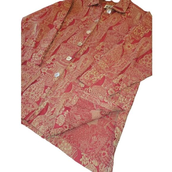 Vintage Harari Red Brocade Textured Jacket Long Sleeve Button Down Top One Size - Picture 5 of 16